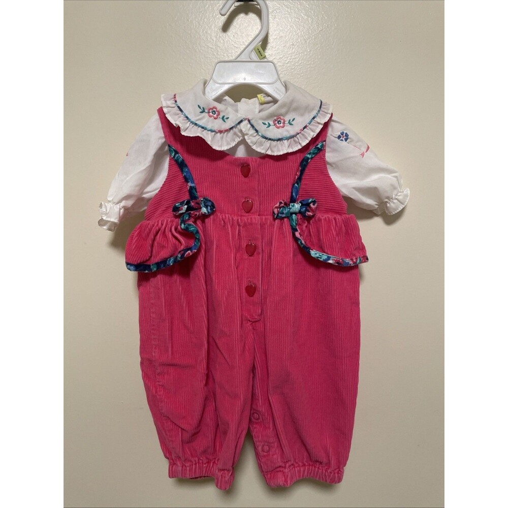 Vtg Baby Girl Embroidered pink floral corduroy Romper jumper 3-6 Mon 80s